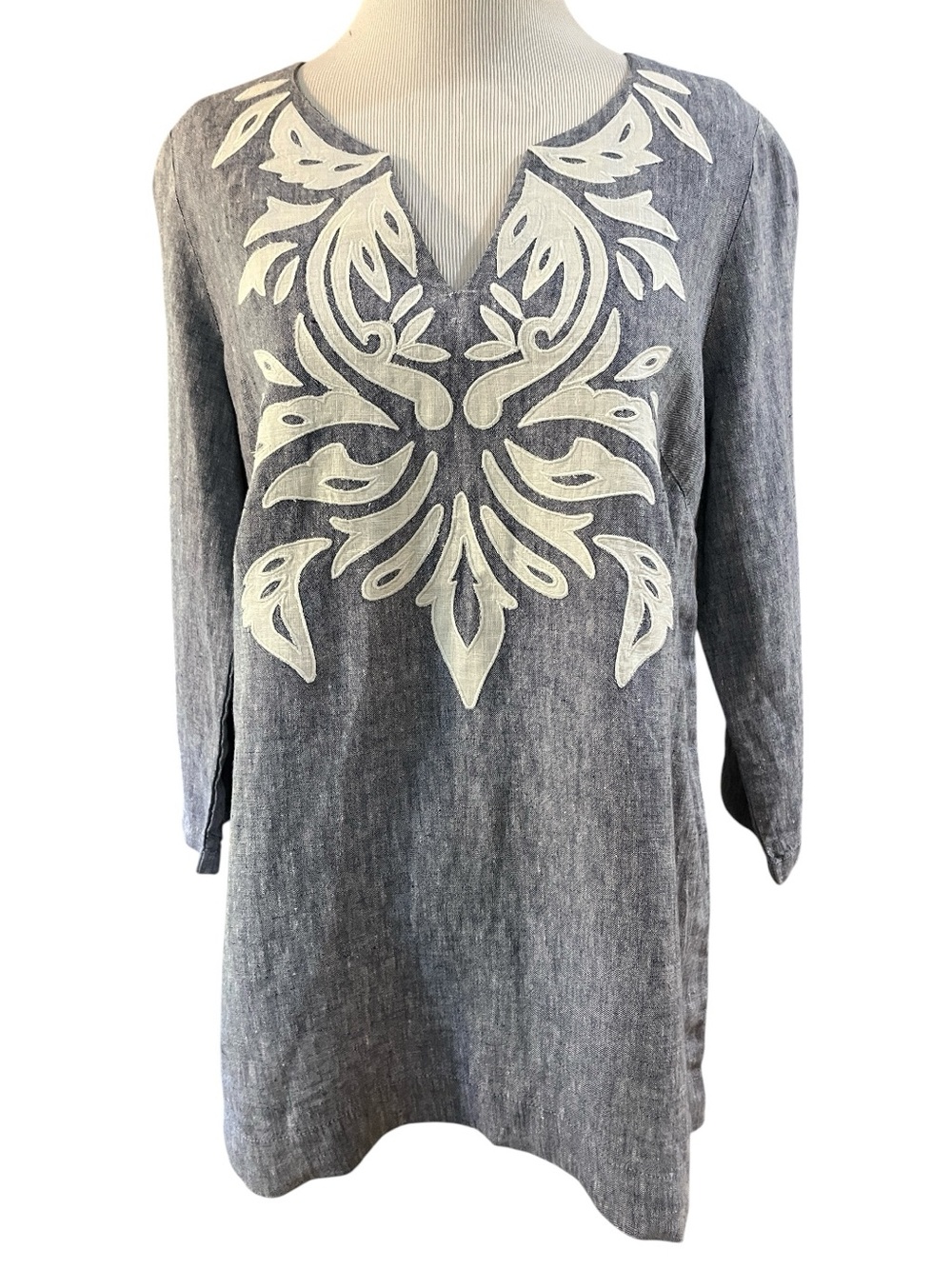 BODEN SICILY 100% LINEN APPLIQUÉD V NECK TUNIC BLOUSE BLUE WHITE SIZE 8